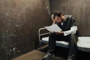 A man in a prison cell reading a letter, depicting the emotional aspect of incarceration.