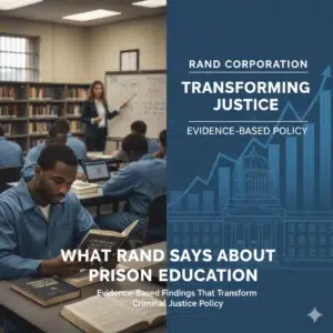 A prison classroom beside a panel headed What RAND Says About Prison Education.