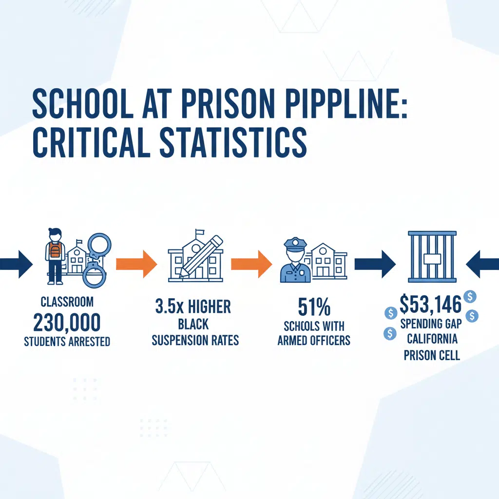 Infographic of school-to-prison pipeline statistics: student arrests, suspension rates, schools with armed officers and per-cell spending.