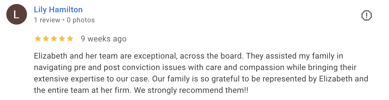 Screenshot of a five-star client review of the firm.